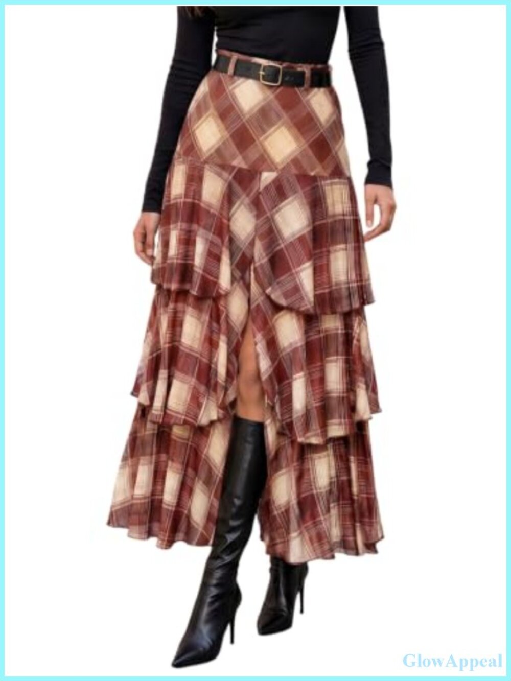 Womens High Waist Plaid Tiered Mesh Maxi Skirt with Front Split
